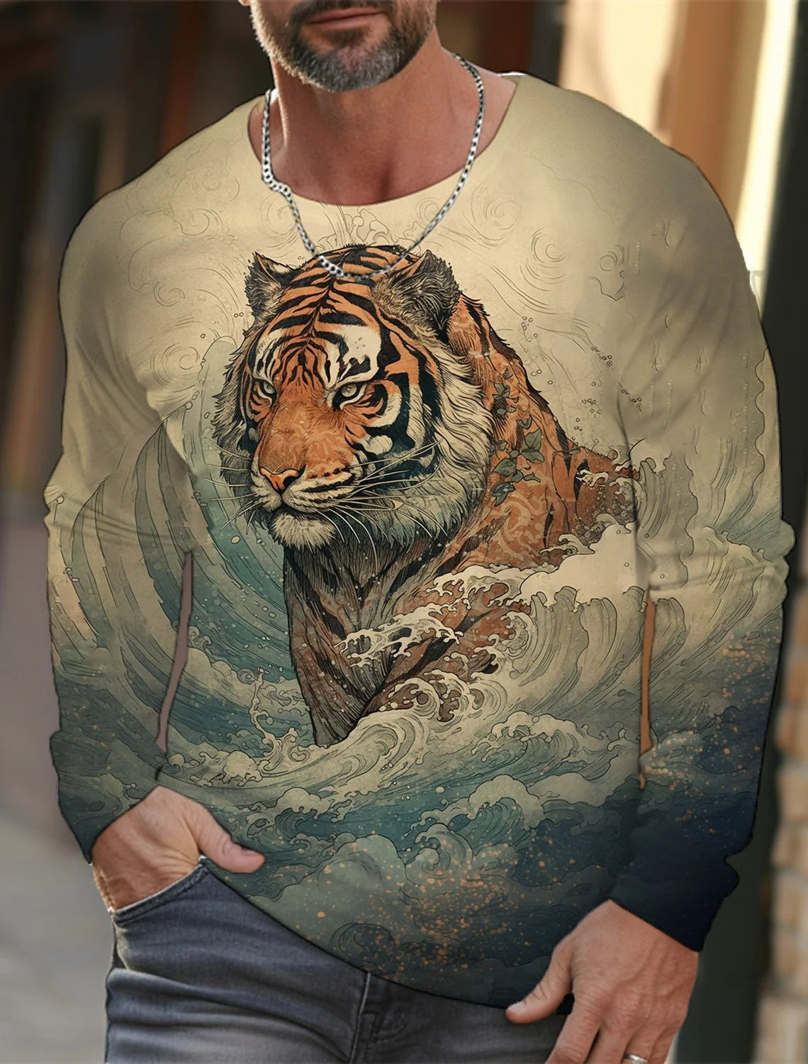 2024 new men's Ukiyoe long-sleeved T-shirt 3D printed high-definition tiger print men's autumn tops casual round neck T-shirt