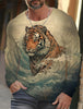 2024 new men's Ukiyoe long-sleeved T-shirt 3D printed high-definition tiger print men's autumn tops casual round neck T-shirt
