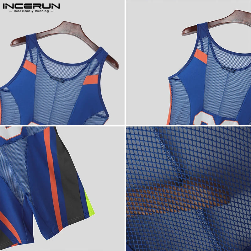 INCERUN Men's Bodysuits Mesh Patchwork Color-block O-neck Sleeveless Male Rompers Playsuits Workout See Through Bodysuit For Man