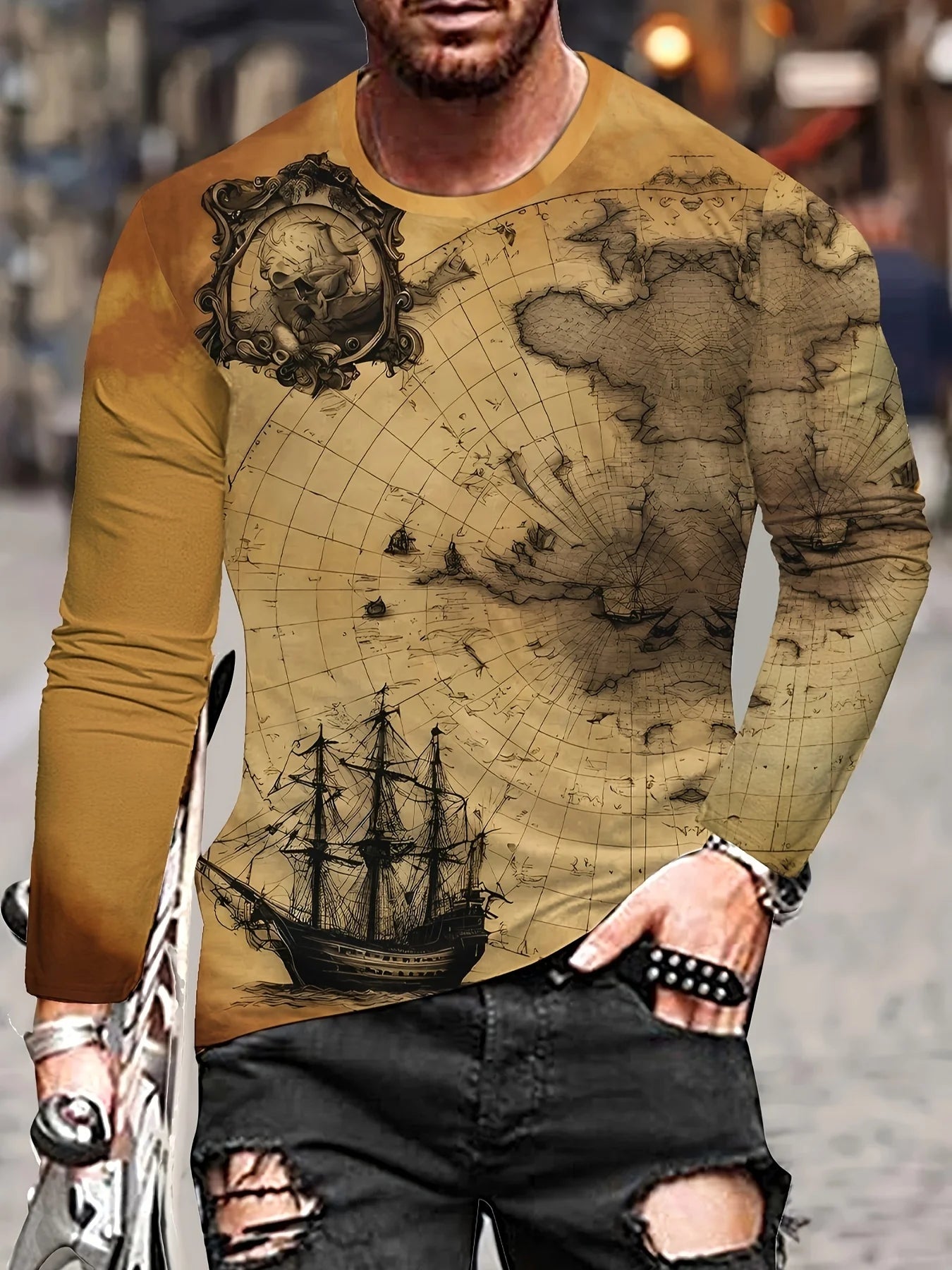Black and white tiger print men's T-shirt fashion long-sleeved T-shirt casual round neck street top loose pullover autumn