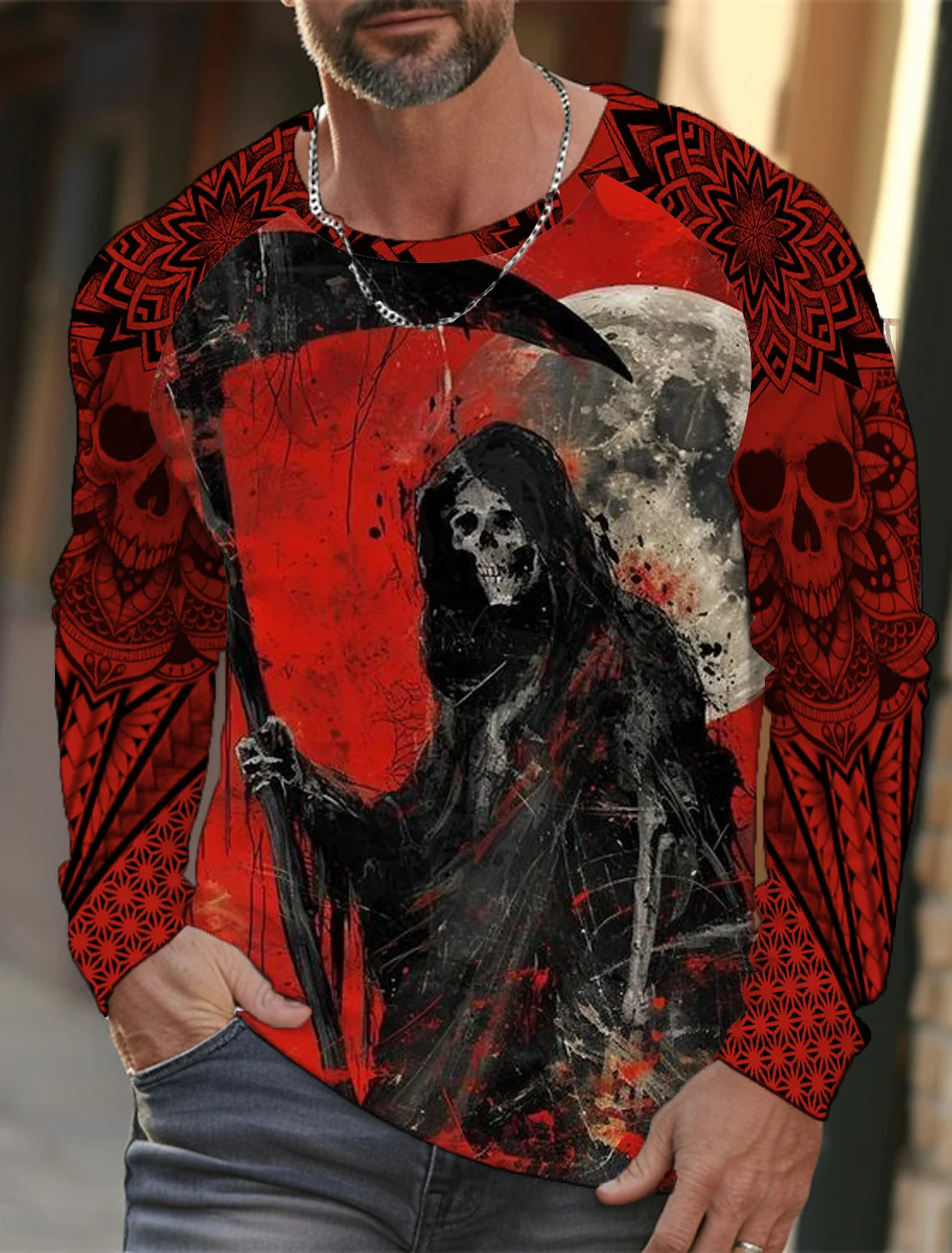 Men's long-sleeved T-shirt 3D printed high-definition skull stitching printing men's autumn tops casual round neck home clothes