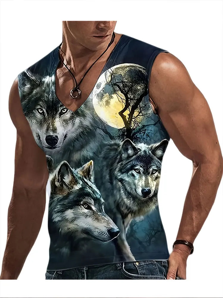 2024 New Summer Everyday Street Men's Tank Top Outdoor Beach Casual Men's Sleeveless T-shirt Eagle Print Men's V-neck Tank Top