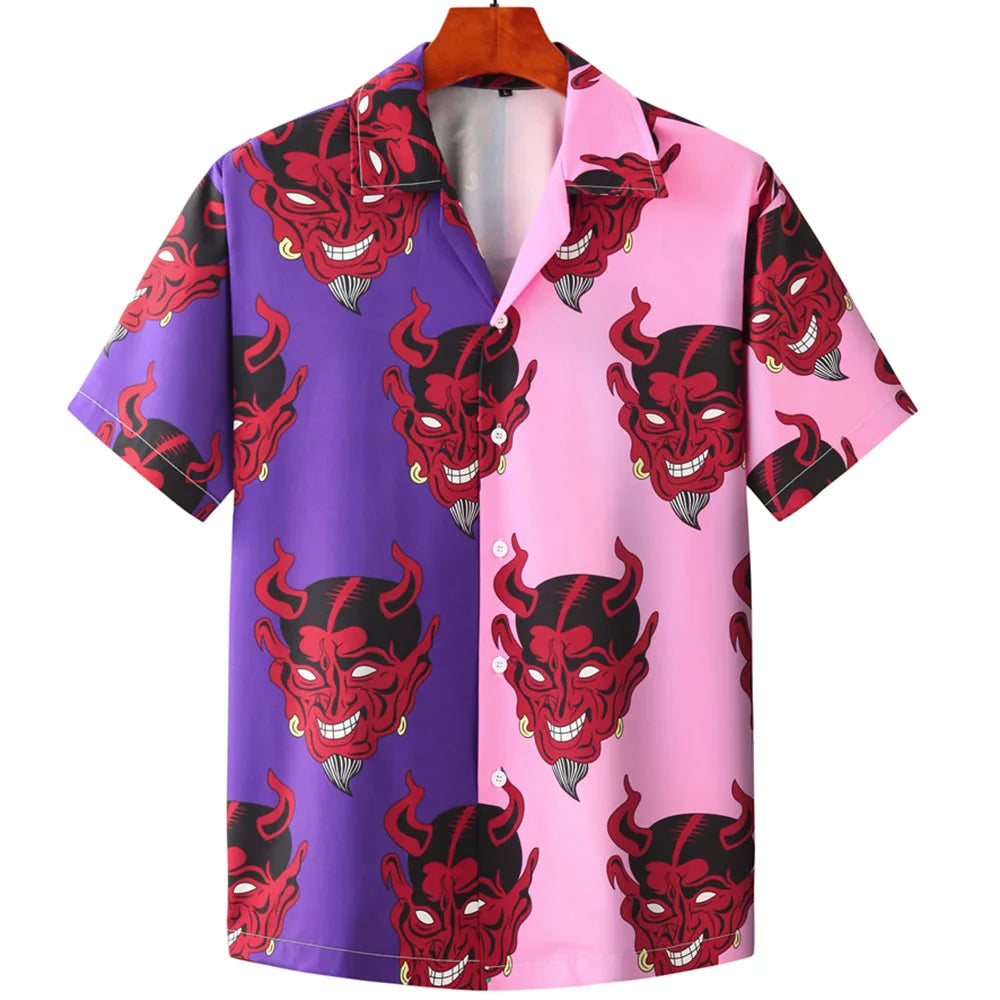 Summer Mens Hawaiian Casual Collar Shirts Short Sleeve Button Skeleton Demon Print Beach Floral Fashion Vintage Clothing XS-5XL