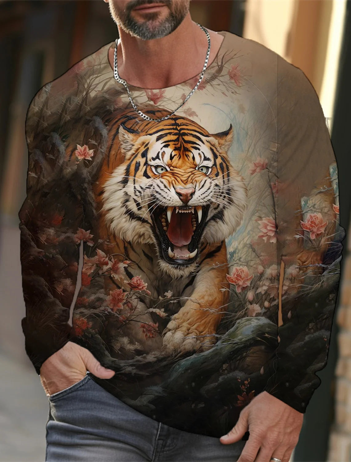 2024 New Tiger Print Pullover Autumn Winter Men's Casual Long Sleeve Round Neck Sweatshirt Streetwear Harajuku Men's Wear