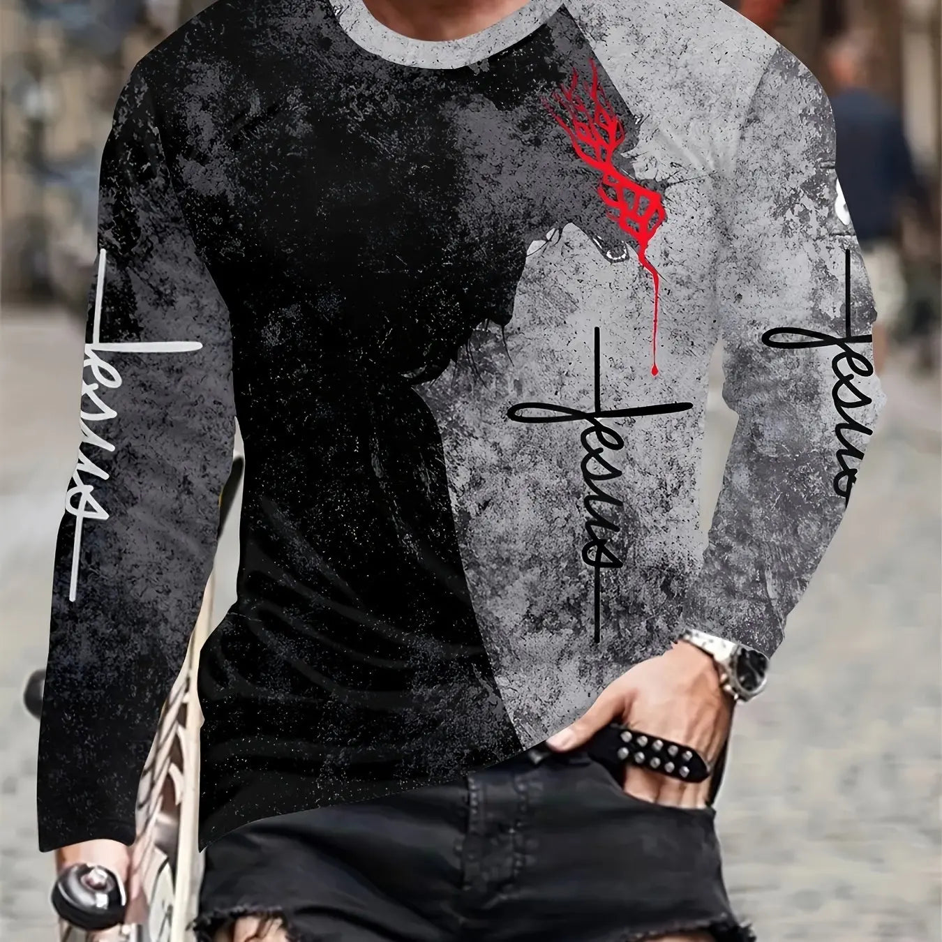 2024 new men's long-sleeved t-shirt 3D printing high-definition cross printing men's autumn tops casual round neck street