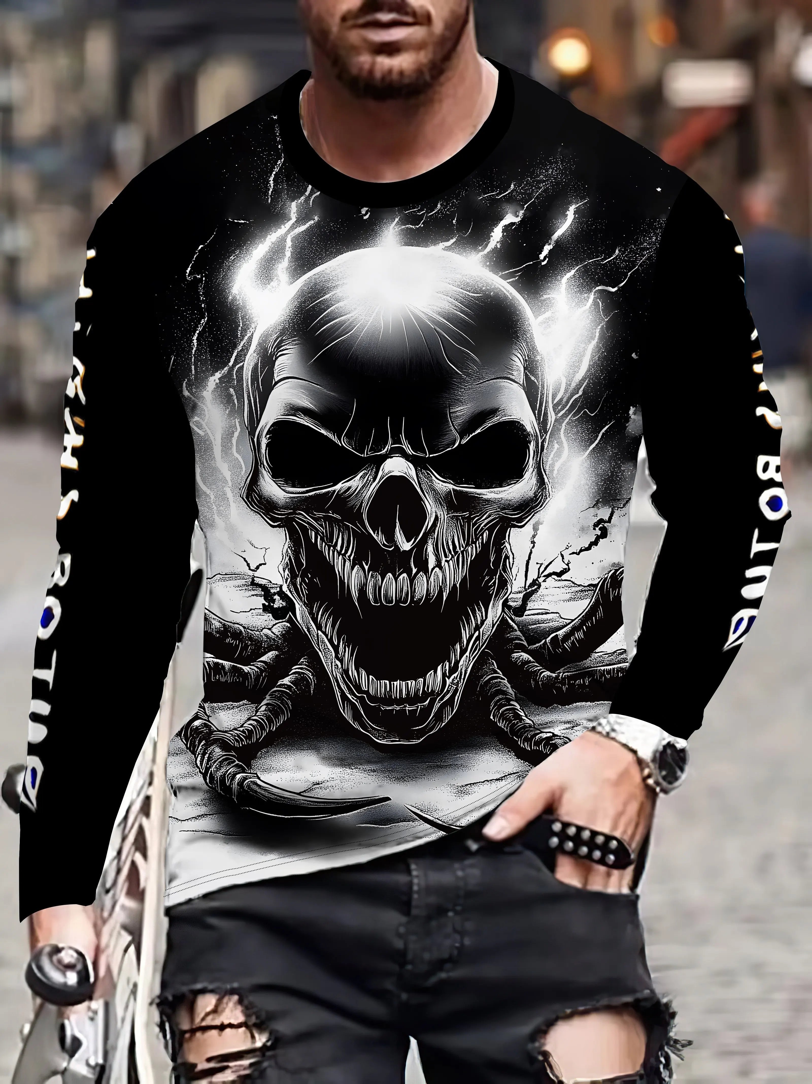 Black and white tiger print men's T-shirt fashion long-sleeved T-shirt casual round neck street top loose pullover autumn
