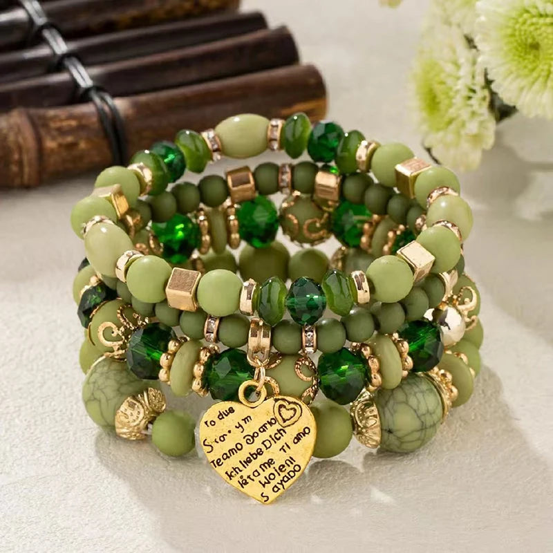 4Pcs/Set Bohemian Style Crystal Glass Love Heart Multi-Layer Stacking Elastic Bracelet For Women Daily Wear Jewelry Gift