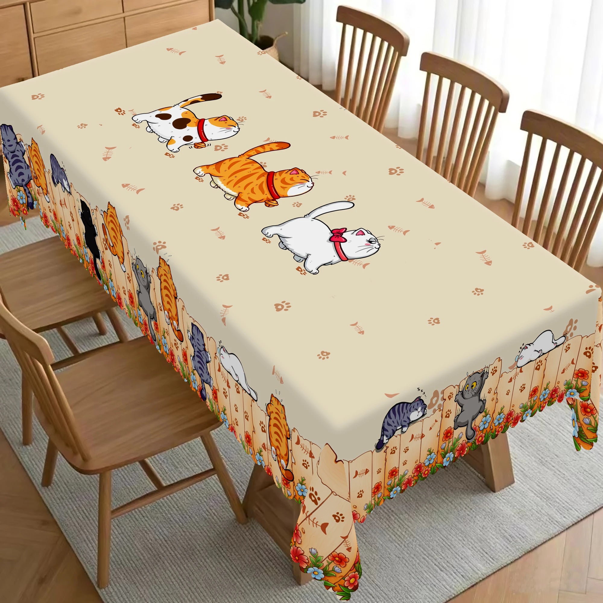 1 Piece of Cute Cat Round Tablecloth, 5 Sizes Available, Cute Cartoon Cat Pattern Printed Desk Tablecloth, Edge Embossing Process, Courtyard Bedroom Decoration, Tablecloth for Daily Home Kitchen, Terrace Use, Spring Decoratio