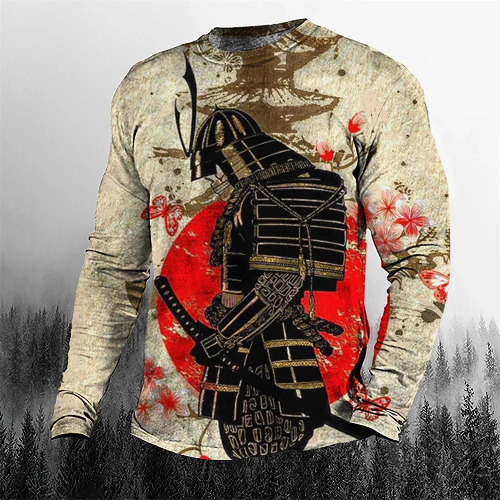 2024 Fall Cool Vintage Samurai 3D Printed Men's T-shirt O-Neck Casual Men's Clothing Oversized Cartoon Long Sleeve Tops