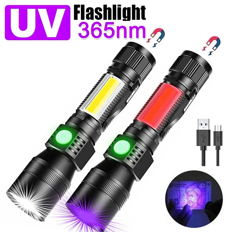 UV Light & Strong Light Flashlight USB Rechargeable Camping Lantern Pets Urine Stains Black Light Led Ultraviolet Torch Lamp