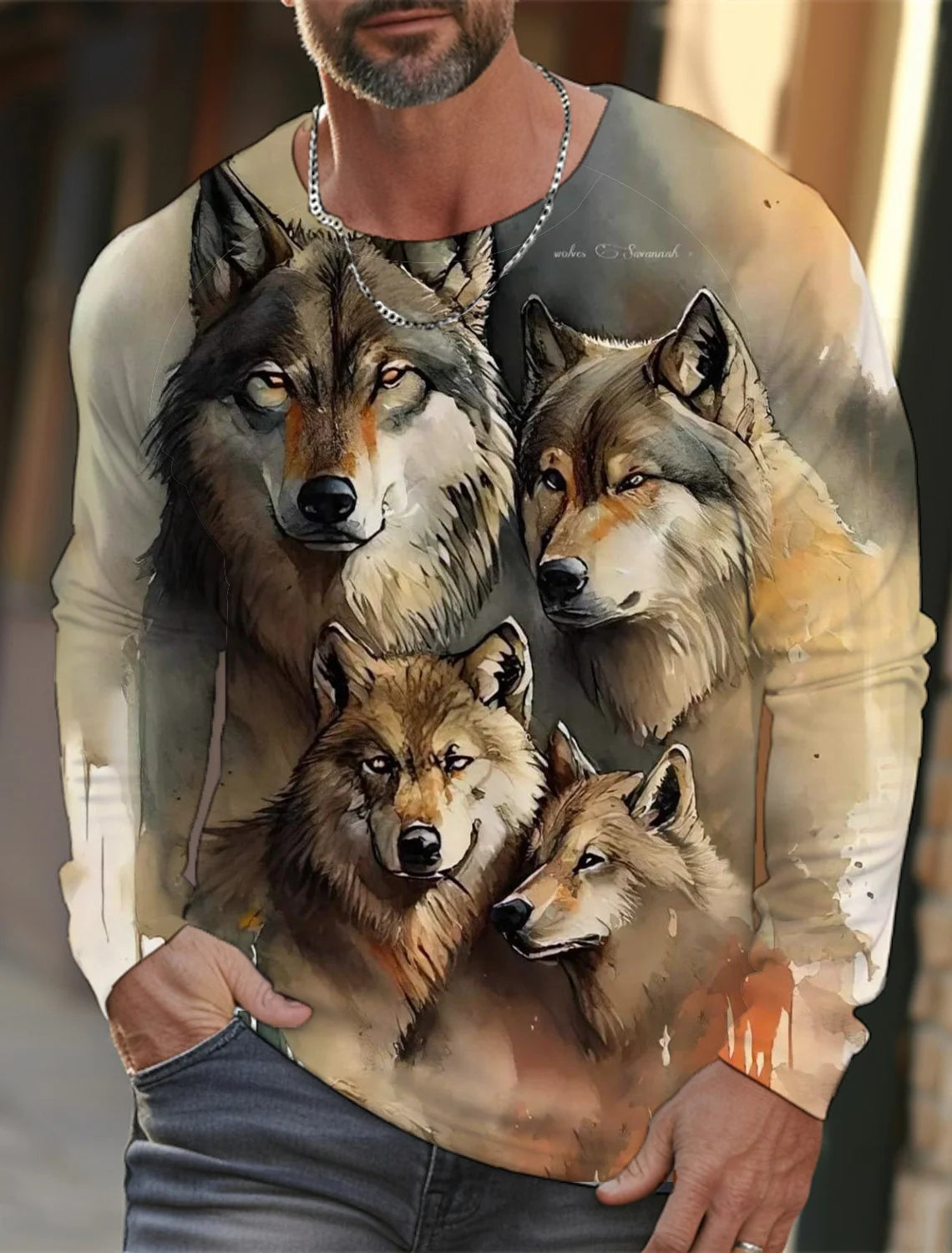 2024 Men's Summer Long Sleeve 3d Printed Wolf Print T-Shirt Tops Men Streetwear Clothing Round Neck Graphic Long Sleeve T-Shirt