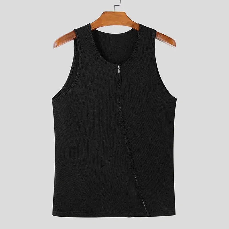 Men's Casual Y2K Ribbed Tank Tops Diagonal Zipper Vest Slim Fit Muscle Gym Sleeveless T-shirts Bodybuilding Workout Tank for Men