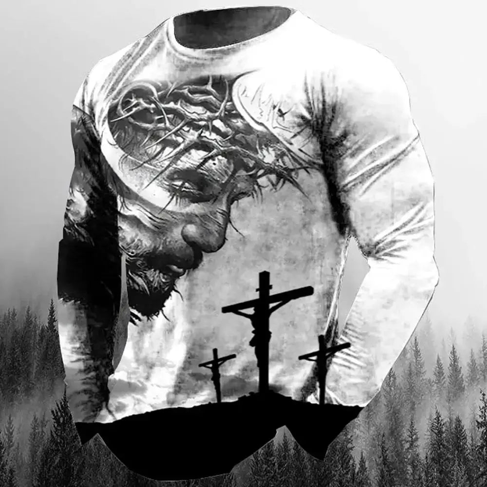 Fashion Casual Men's Long Sleeve T-Shirt 3d Printed Retro Jesus Christ Street Personality Loose O Collar Harajuku Oversized Top