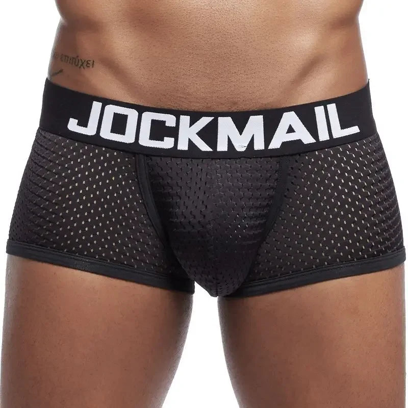 Jockmail Boxers Sexy Mens Panties Mesh Quick-drying Breathable Calzoncillos Solid Color Simple Boxers Hombre Semi-transparent