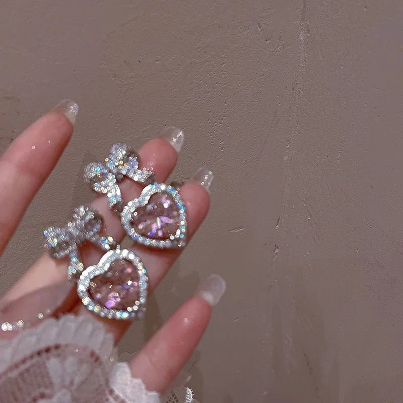 Exquisite Pink Heart Shape Bowknot Stud Earrings For Women Shining CZ Zircon
