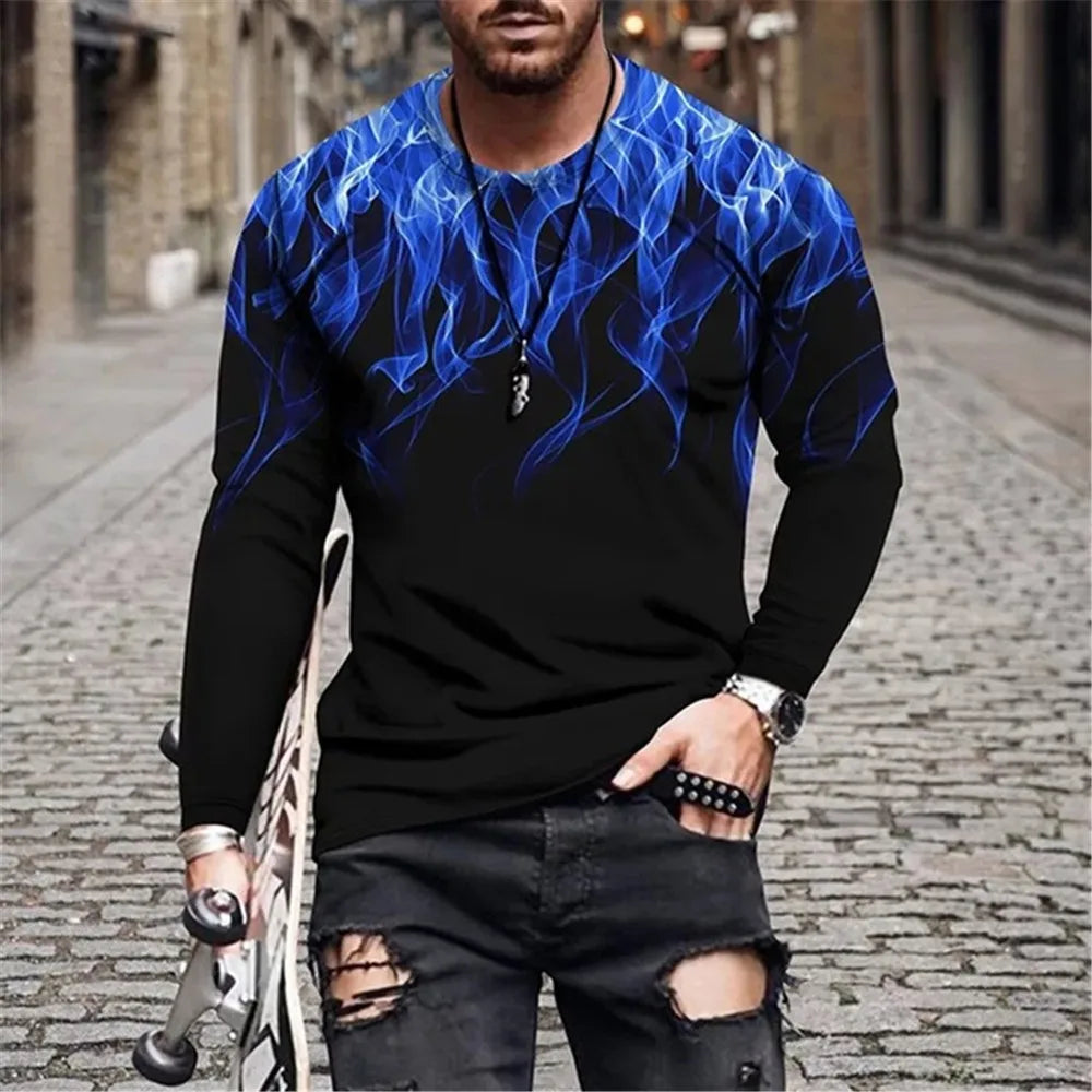 Retro Flame Series 3D Print Summer Men's O-Neck T-shirt Casual Long Sleeve T-Shirt Oversized Pullover Fashion Trend Men Clothing