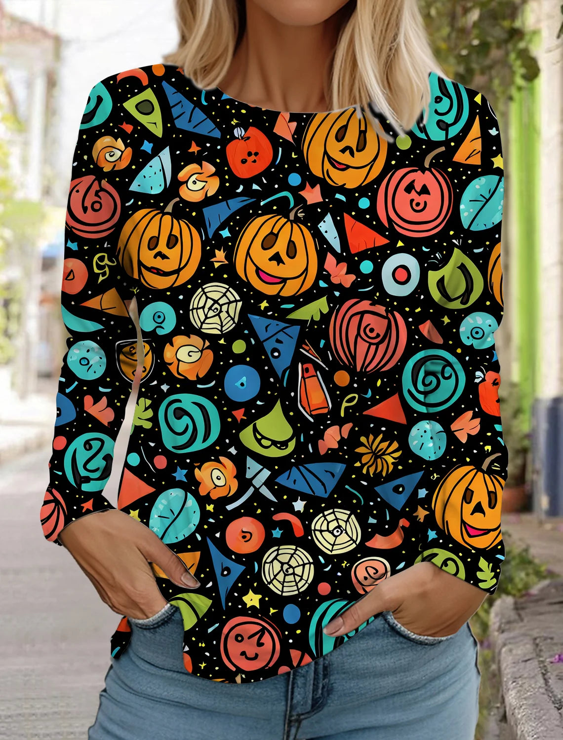 Halloween skull pumpkin print pullover autumn and winter women's casual long sleeve round neck sweatshirt men's clothing