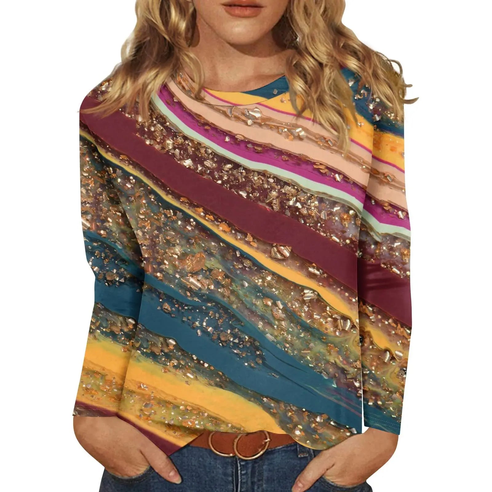 2025 New Women's Flower Fashion Print Long Sleeve T-shirt Sports Leisure Cute Polyester Ultra-thin Round Neck Long Sleeve