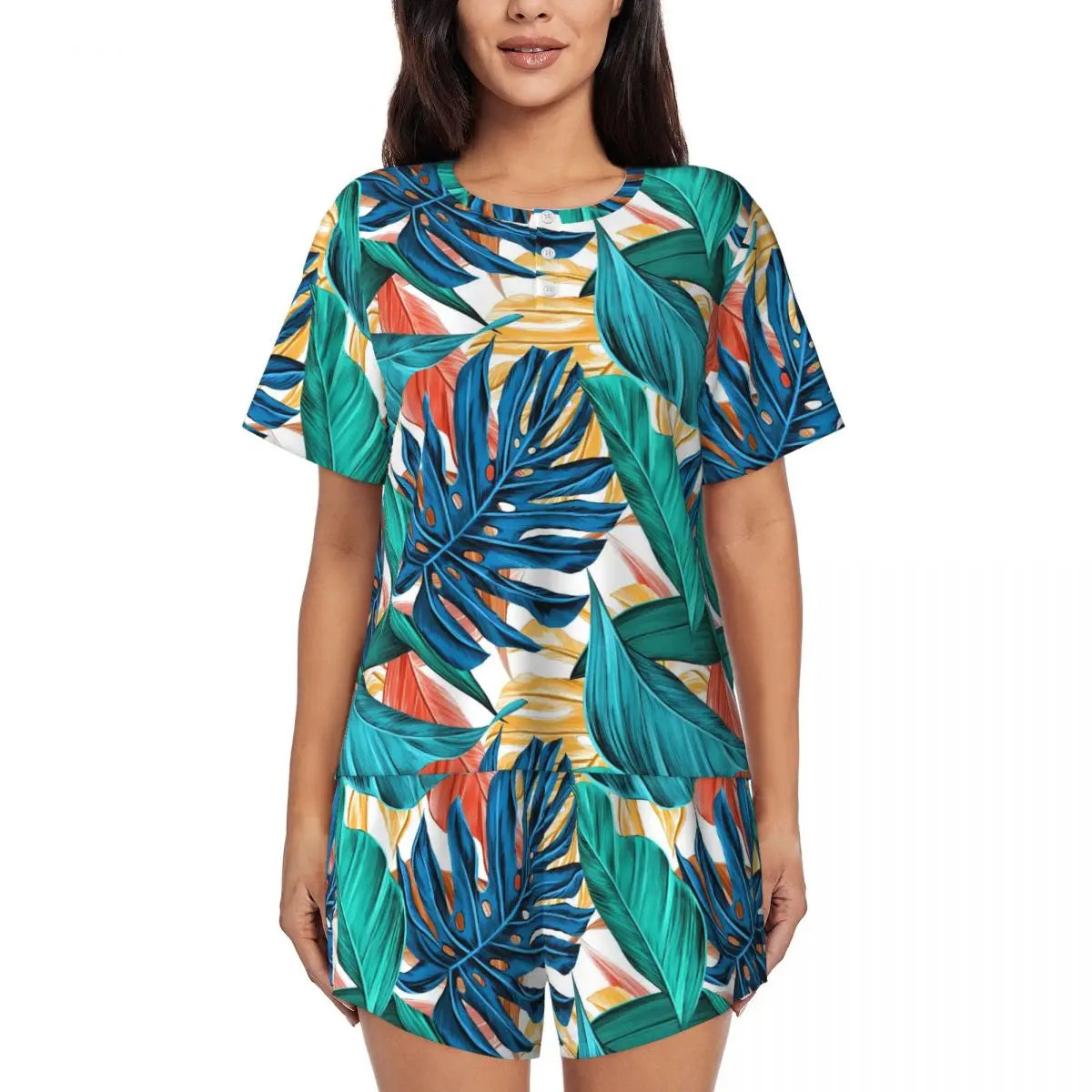 Green Leaf Print Pajamas Short Sleeve Lush Foliage 2 Pieces Leisure Pajama Sets Daily Woman O Neck Vintage Nightwear