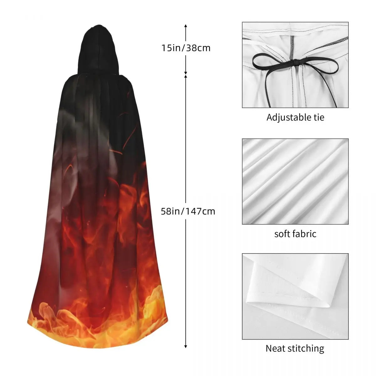 Unisex Hooded Cloak Grim Reaper Devil Witch Long Cape Burning Flame Props Party Cosplay Costume