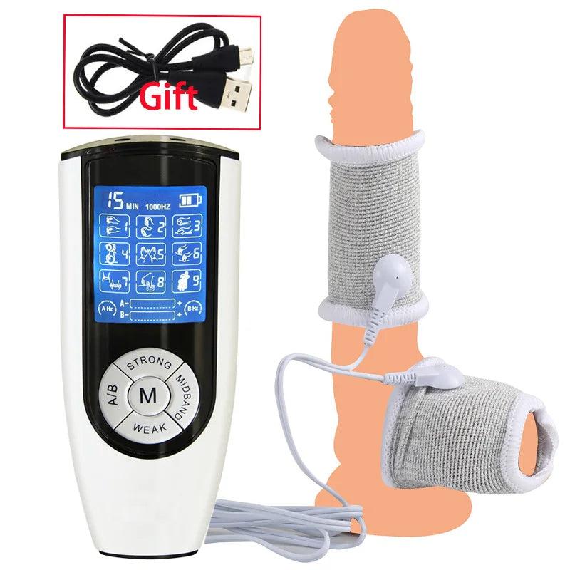 BDSM Electro Shock Conductive Fiber Penis Sleeve E-stim Scrotum Rings Electric Play Cock Therapy Enlargement Male Sex Products