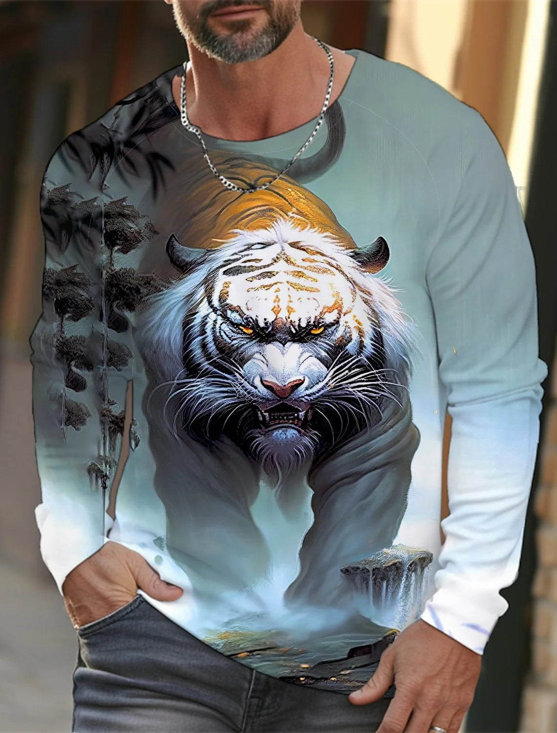 2024 New Tiger Print Pullover Autumn Winter Men's Casual Long Sleeve Round Neck Sweatshirt Streetwear Harajuku Men's Wear
