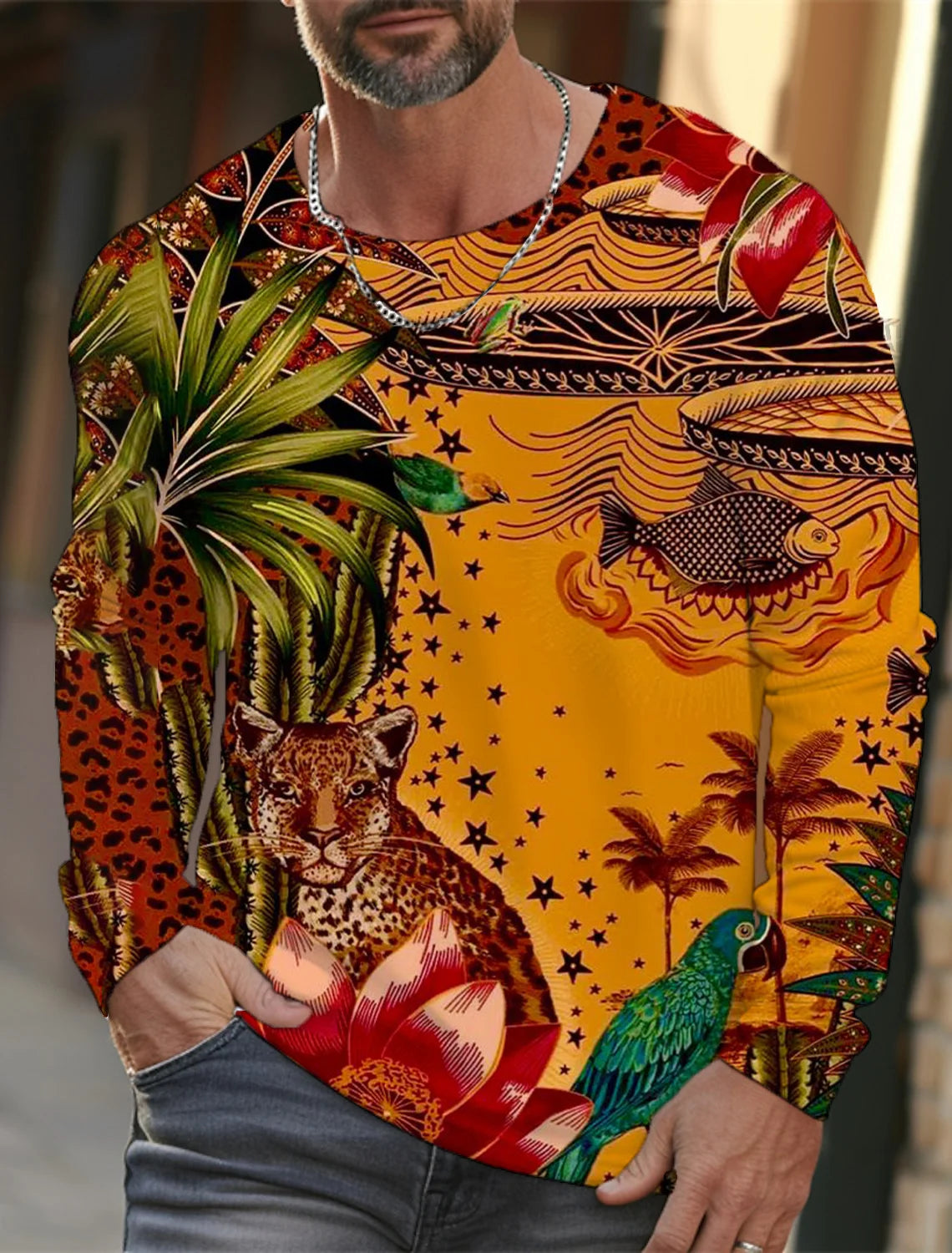 Men's long-sleeved T-shirt 3D printing HD leopard print men's long-sleeved T-shirt autumn tops casual round neck home clothes