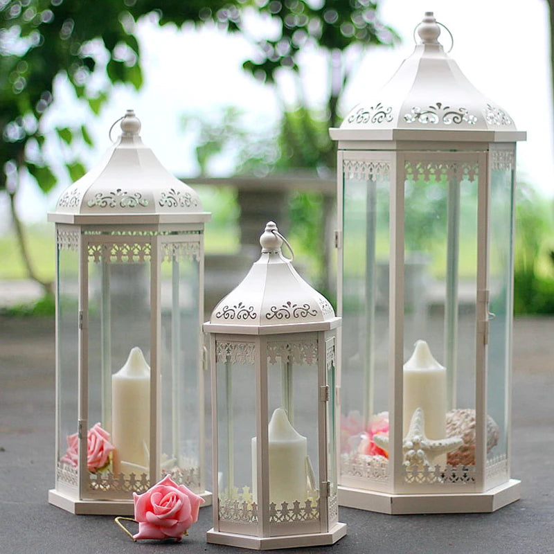 Wrought Iron Candlestick European Style Windproof Lamp Glass Lantern Wind Lamp Candlestick For Wedding Ornament Outdoor Floor