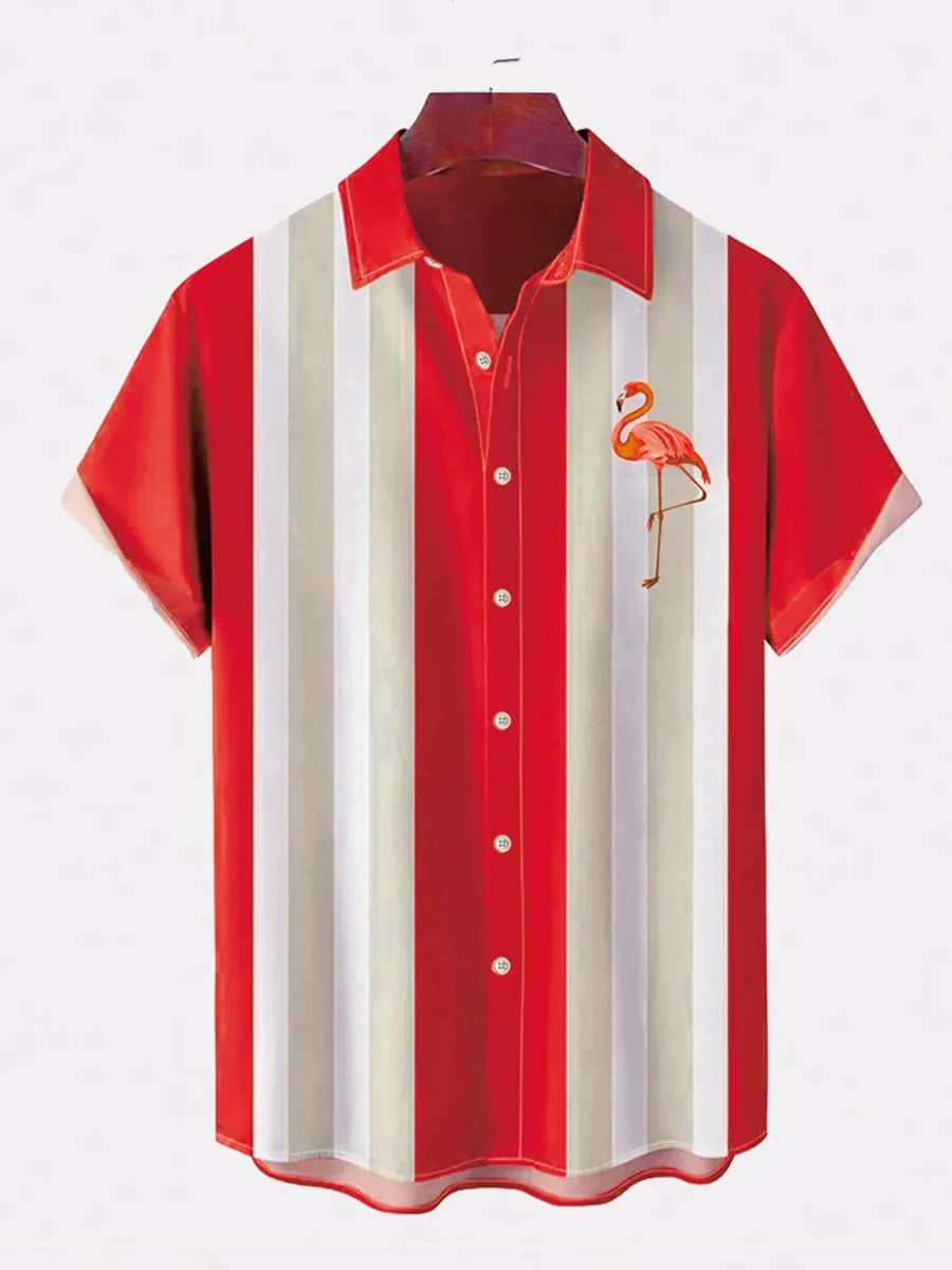 Men's street fashion summer daily shirt Hawaiian flamingo striped printed casual loose shirt short sleeved beach loose top
