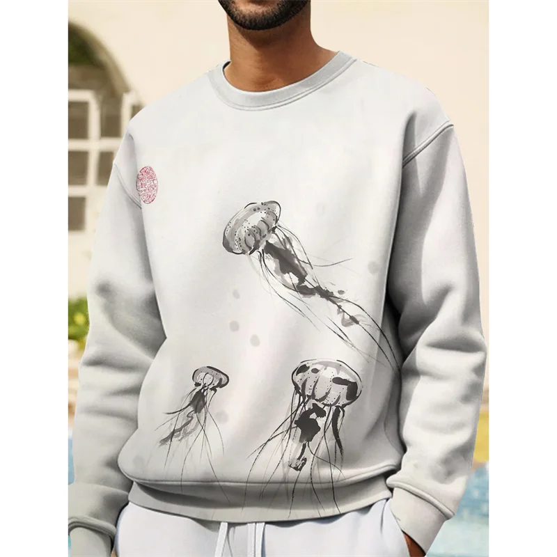3D Print Japanese Ukiyoe Wave Hoodie For Men Devil Fish Jellyfish Graphic Sweatshirt Casual O-Neck Pullover Hoodies Long Sleeves