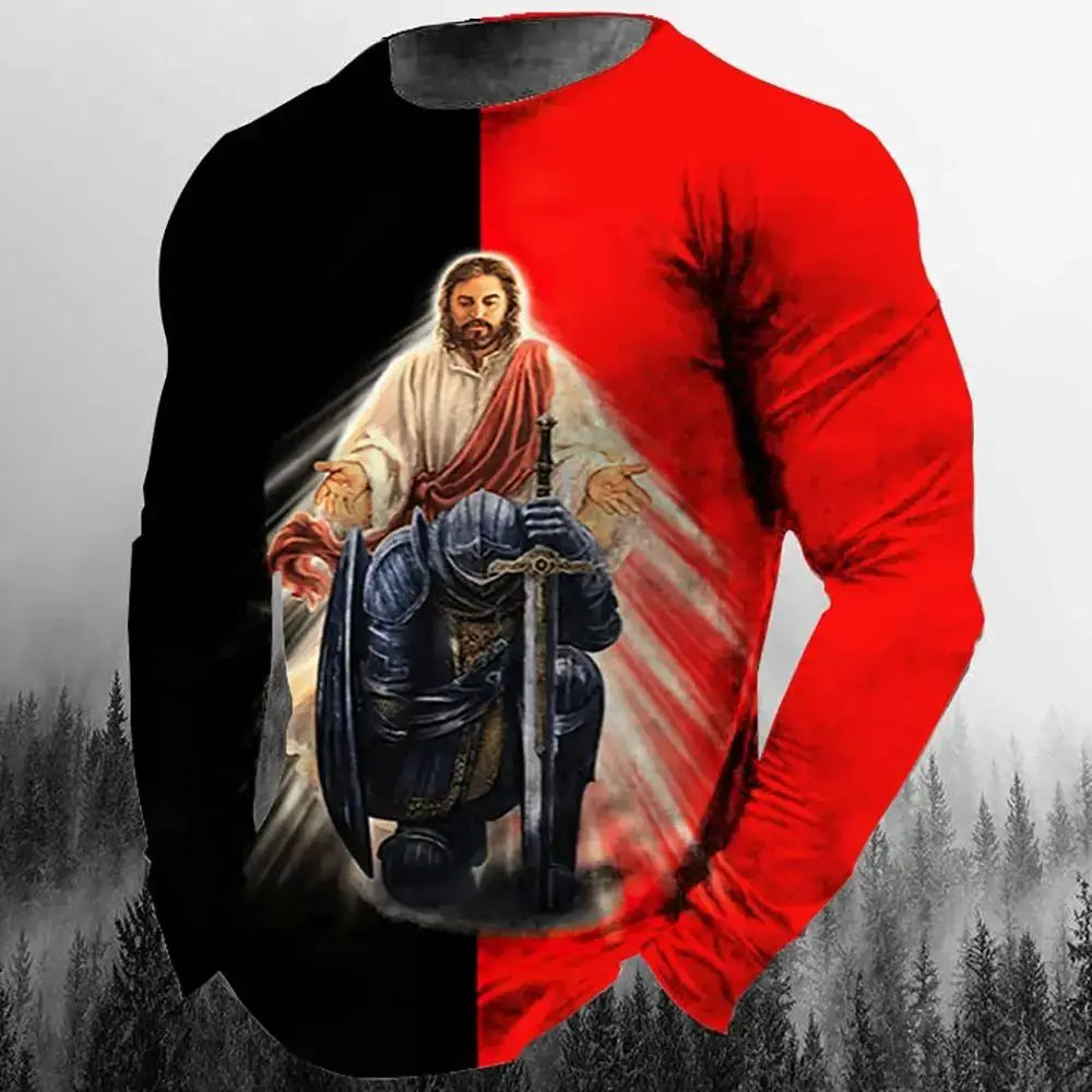 Fashion Casual Men's Long Sleeve T-Shirt 3d Printed Retro Jesus Christ Street Personality Loose O Collar Harajuku Oversized Top