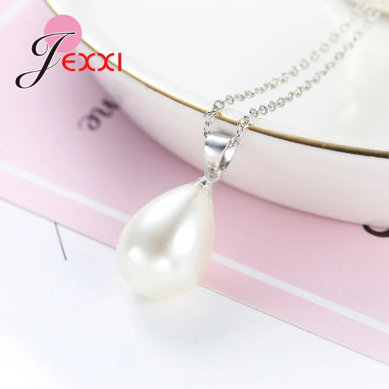 Waterdrop Pearl 925 Sterling Silver Jewelry Sets Anniversary Simple Accessory Earrings Necklaces For Wedding Party