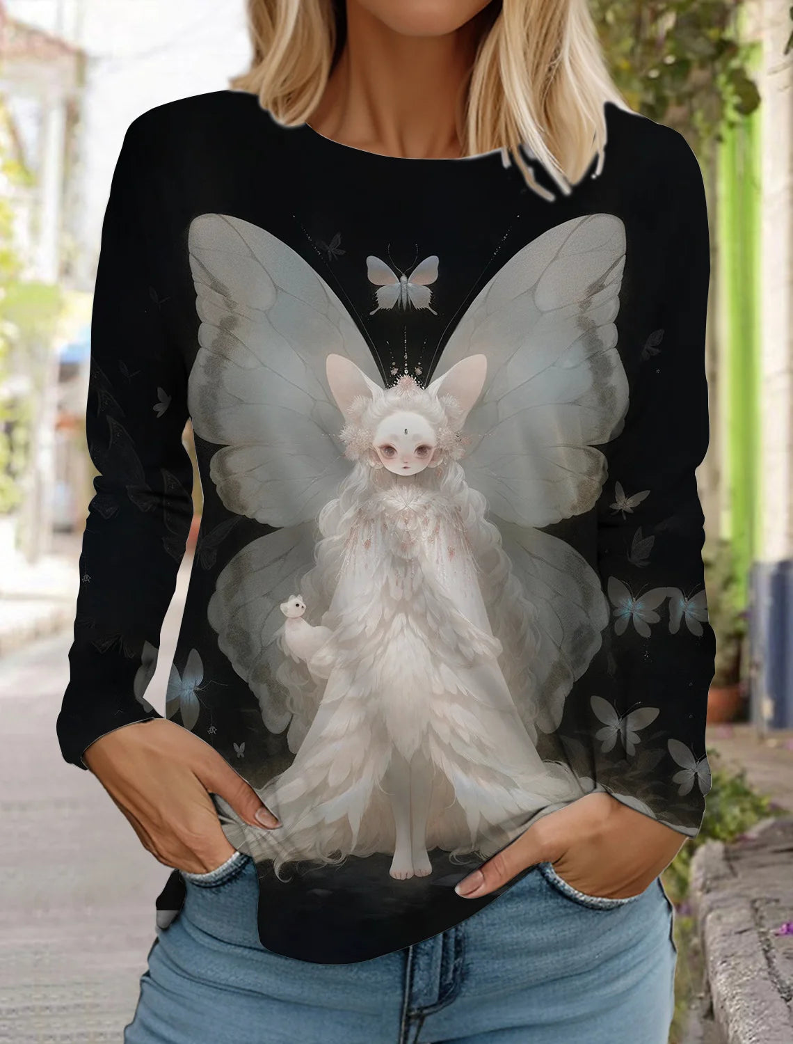 2024 Autumn and Winter Women's Long Sleeve 3D Printed Kitten Cute Print T-Shirt Women's Streetwear Round Neck Long Sleeve