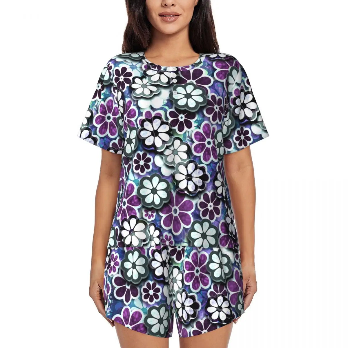 Flower Power Pajamas Spring 2 Pieces Purple Hippie Cute Pajama Sets Lady Short Sleeve O Neck Casual Custom Nightwear