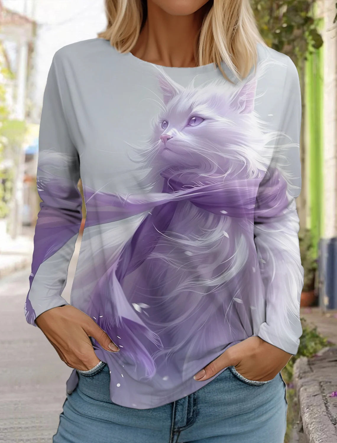 2024 Autumn and Winter Women's Long Sleeve 3D Printed Kitten Cute Print T-Shirt Women's Streetwear Round Neck Long Sleeve
