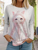 2024 Autumn and Winter Women's Long Sleeve 3D Printed Kitten Cute Print T-Shirt Women's Streetwear Round Neck Long Sleeve