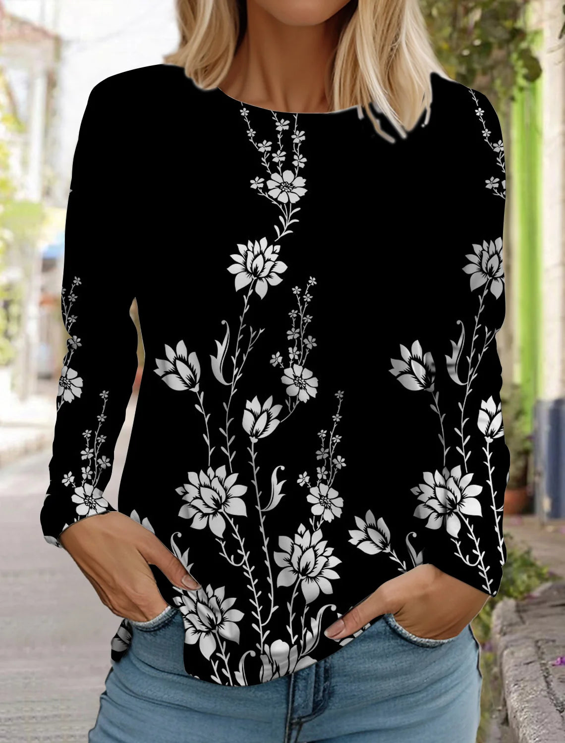 2024 women's fashion retro tops long sleeve round neck pullover casual long sleeve t-shirt new 3d printed lotus print t-shirt