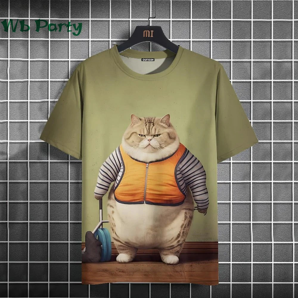 Cat Print T-shirts for Men Casual Short Sleeved Tee Oversized Mens Clothing Men's Funny T-shirt Animal Print Graphic T shirts