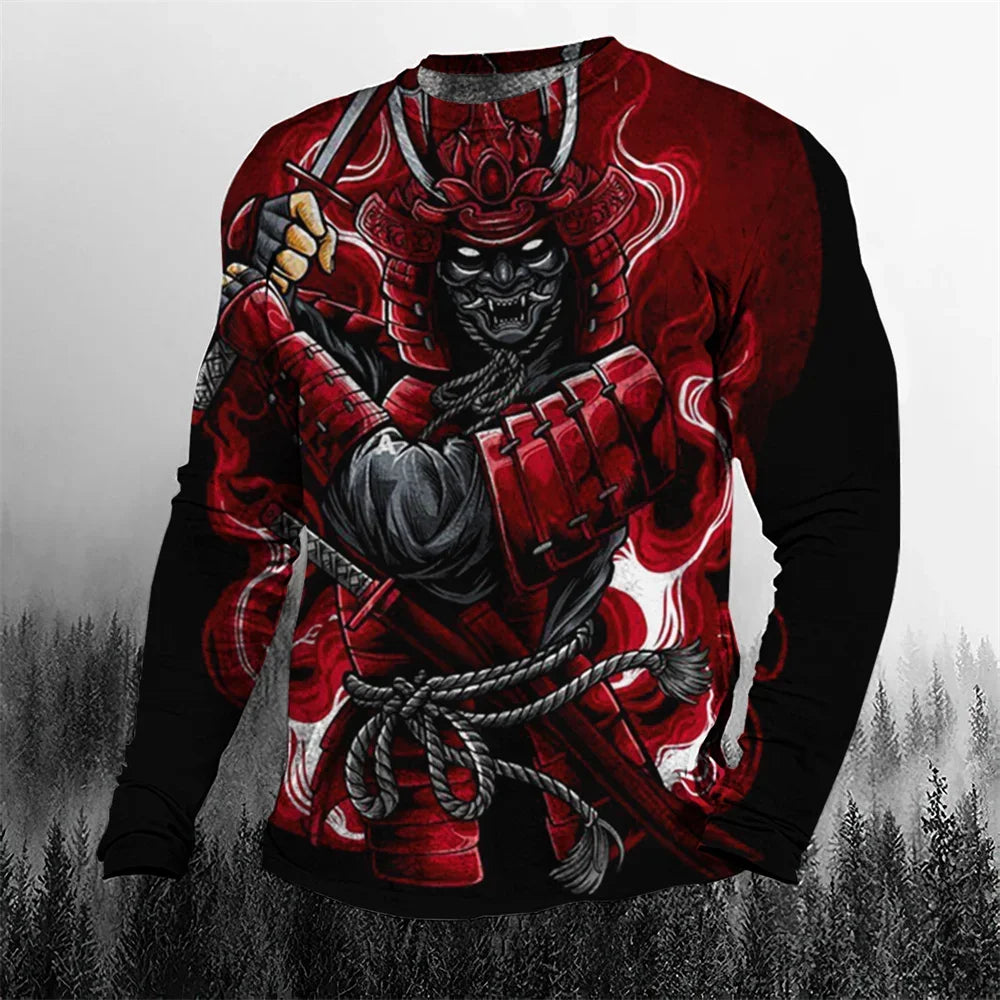 2024 Fall Cool Vintage Samurai 3D Printed Men's T-shirt O-Neck Casual Men's Clothing Oversized Cartoon Long Sleeve Tops