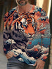 2024 new men's Ukiyoe long-sleeved T-shirt 3D printed high-definition tiger print men's autumn tops casual round neck T-shirt