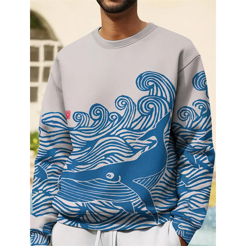 3D Print Japanese Ukiyoe Wave Hoodie For Men Devil Fish Jellyfish Graphic Sweatshirt Casual O-Neck Pullover Hoodies Long Sleeves