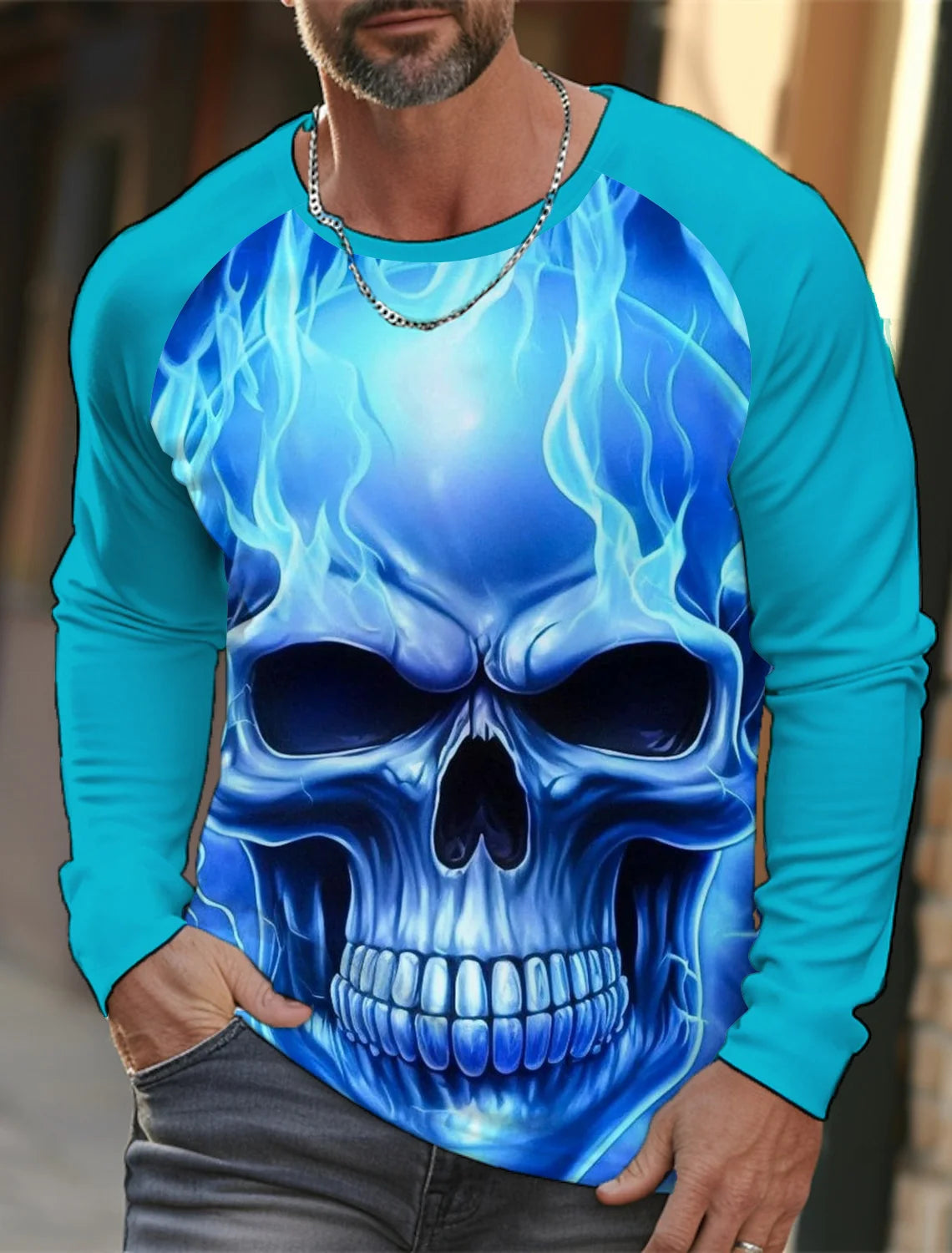 Men's long-sleeved T-shirt 3D printed high-definition skull stitching printing men's autumn tops casual round neck home clothes