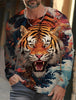 2024 new men's Ukiyoe long-sleeved T-shirt 3D printed high-definition tiger print men's autumn tops casual round neck T-shirt