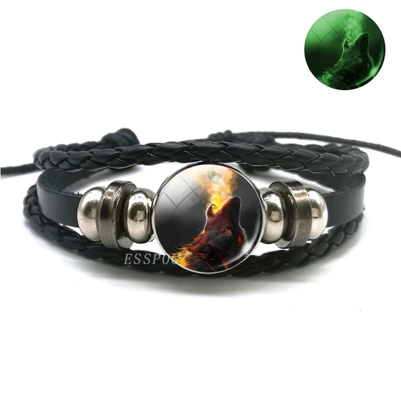 Glow In The Dark Wolf Head Bracelet Multilayer Leather Bracelet Charm Women Men Fashion Luminous Bracelets Wolf Jewelry