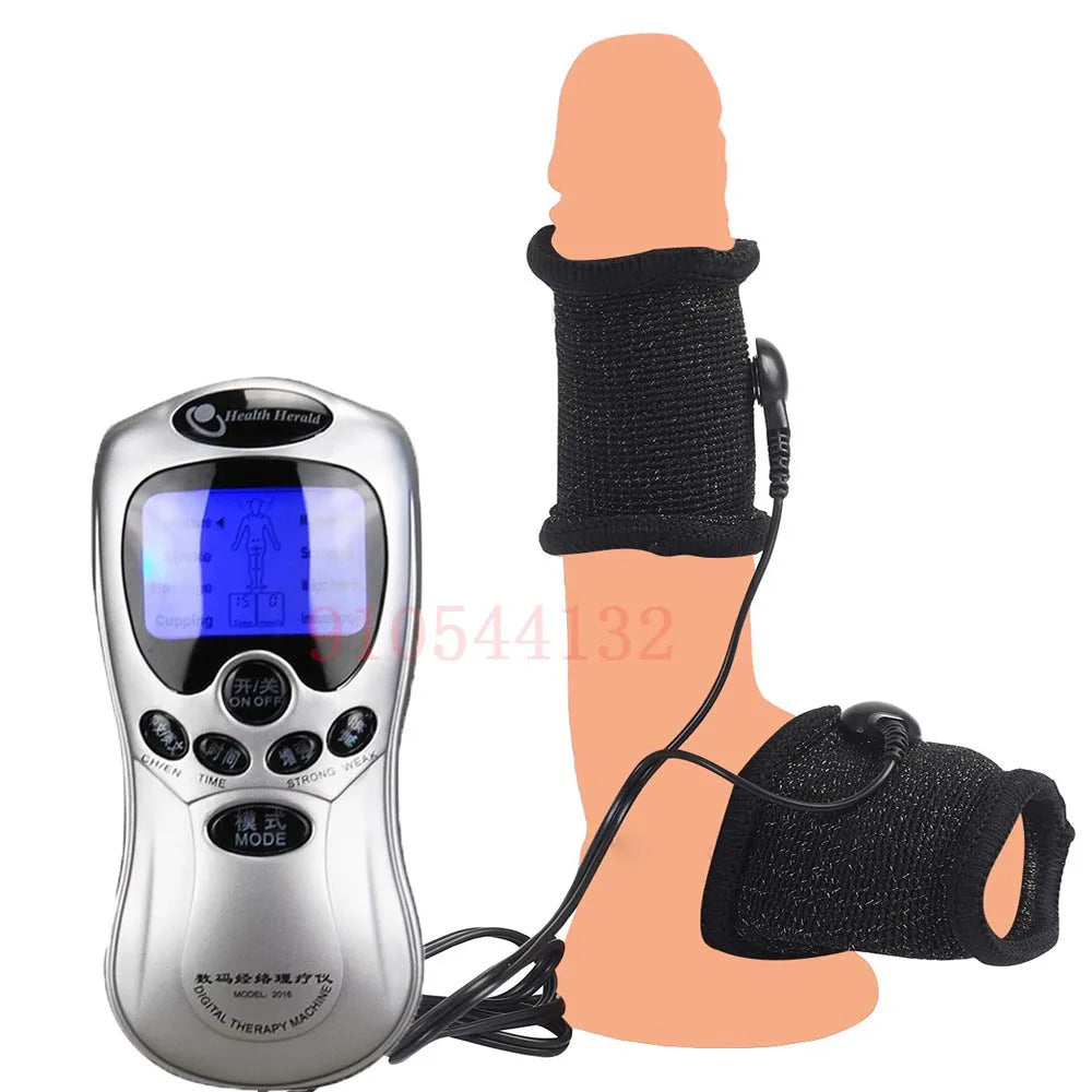 BDSM Electro Shock Conductive Fiber Penis Sleeve E-stim Scrotum Rings Electric Play Cock Therapy Enlargement Male Sex Products