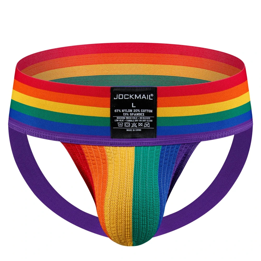 Sexy Mens Harness Underwear Sets Gay Underwear Lingerie Bondage Belts Fetish Mens Jockstrap Thong Rainbow Pattern for LGBTQ