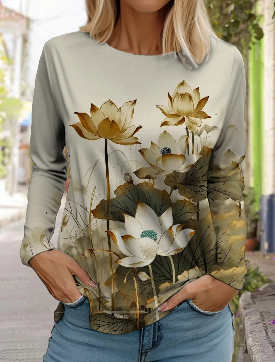 2024 women's fashion retro tops long sleeve round neck pullover casual long sleeve t-shirt new 3d printed lotus print t-shirt