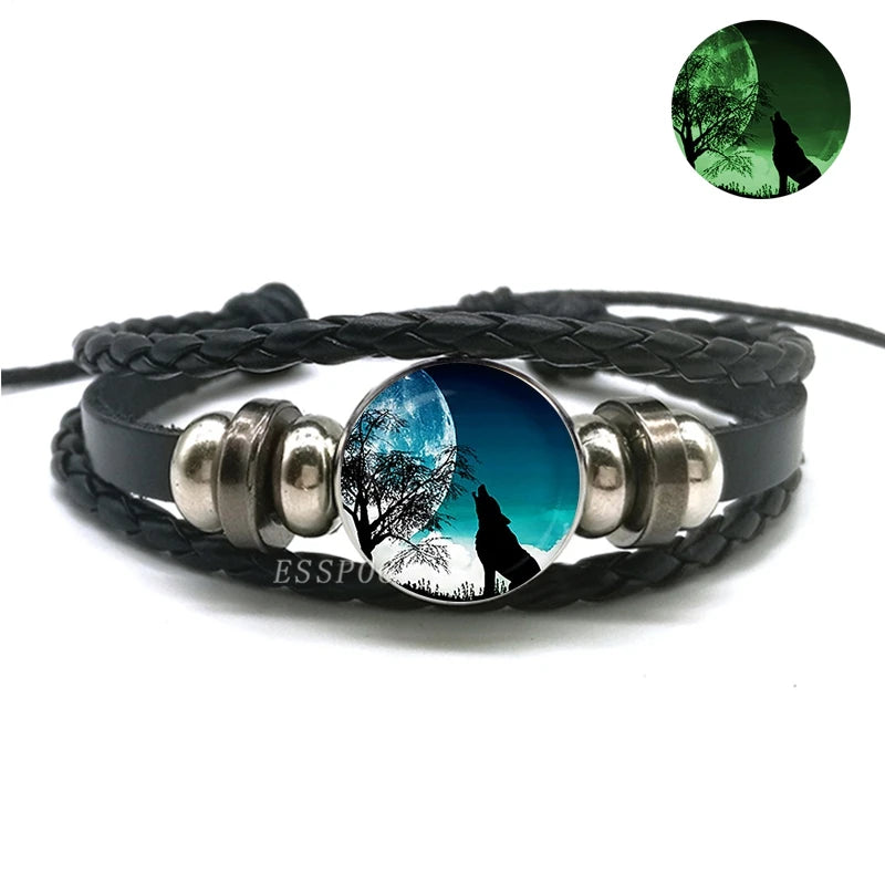 Glow In The Dark Wolf Head Bracelet Multilayer Leather Bracelet Charm Women Men Fashion Luminous Bracelets Wolf Jewelry
