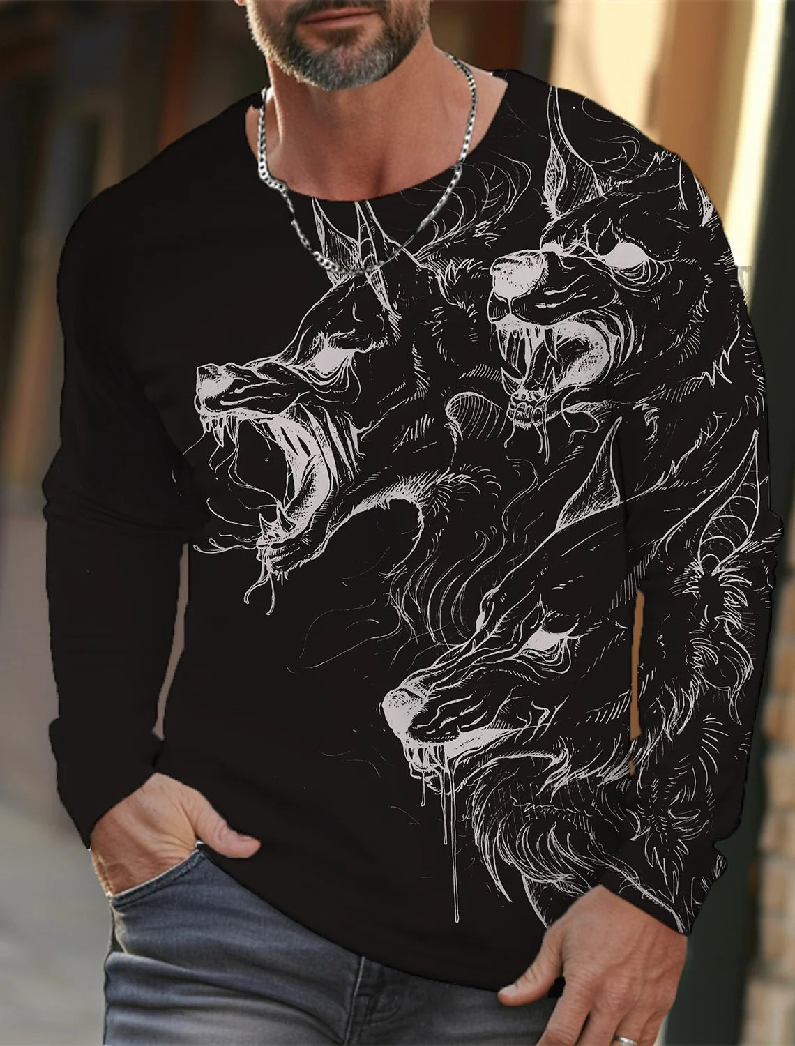 2024 new men's long-sleeved t-shirt 3d printed high-definition wolf animal print men's autumn tops casual round neck t-shirt