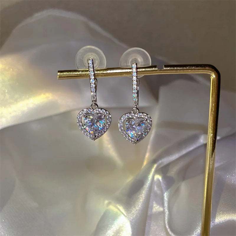 Exquisite Pink Heart Shape Bowknot Stud Earrings For Women Shining CZ Zircon
